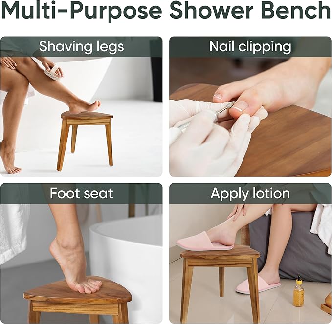 12.4“ Tall Small Teak Shower Stool for Shaving, Waterproof Corner Foot Rest with Storage Basket, Space-Saving Design for Compact Showers