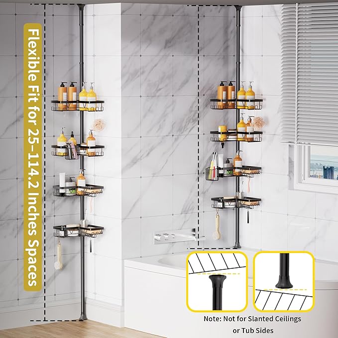 KEGII Corner Shower Caddy Tension Pole, Adjustable Bathroom Organizer Shelf with Toothbrush Holder, Floor to Ceiling Shower Organizer 25-114.2 Inch, Bathtub Storage Rack for Renters, Family