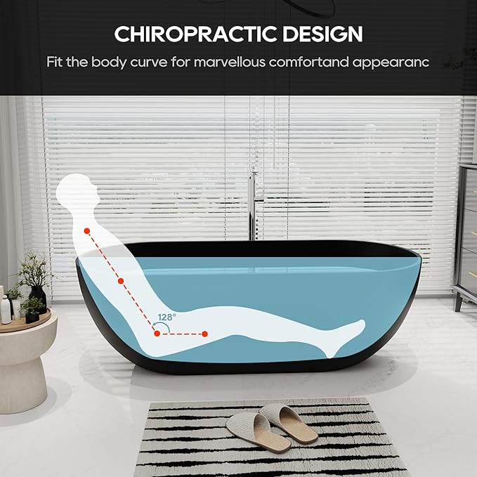 SJ STAR&JANE 69" Solid Surface Freestanding Bathtub Oval Stone Resin Soaking Tub Modern Stand Alone Tub with Overflow & Pop-up Drain, Matte Black for Bathrooms
