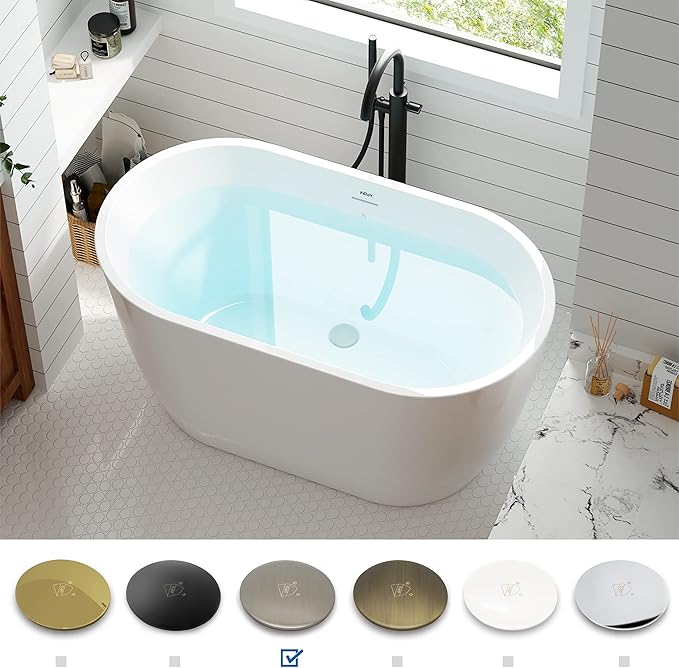 FerdY 47" Bali Acrylic Freestanding Bathtub, Gracefully Shaped Freestanding Soaking Bathtub, cUPC Certified, Toe-Tap Brushed Nickle Drain and Minimalist Linear Design Overflow Included