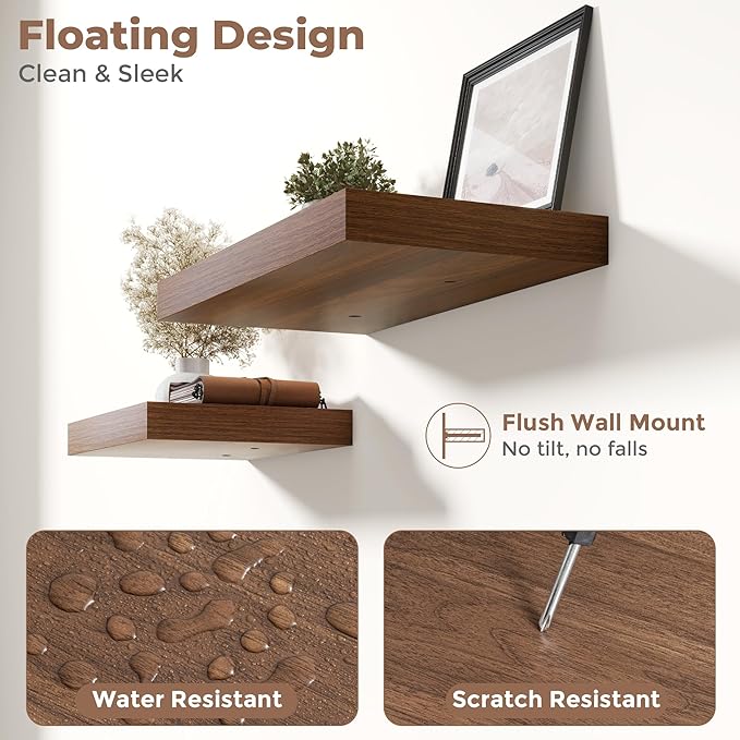 48 Inch Long Floating Shelves for Wall Set of 2, 12"D Wood Grain Bathroom Shelves with Invisible Brackets, Easy Install Engineered Wood Storage Shelves for Kitchen, Living Room, Bedroom, Walnut Finish