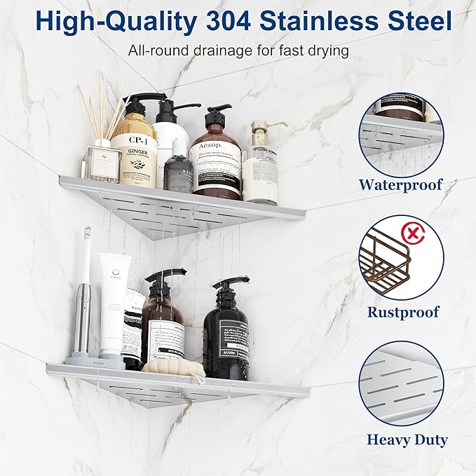 Corner Shower Shelves, 10” Recessed Tile Shower Shelf, 304 Stainless Steel Grout in Corner Tile Shower Shelves, No Drilling, Brushed Nickel, 2 Pack
