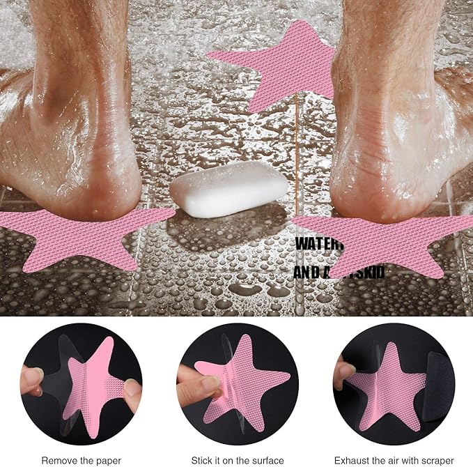 Anti Slip Shower Stickers Safety Bathtub Strips Adhesive Decals with Premium Scraper (Pink)