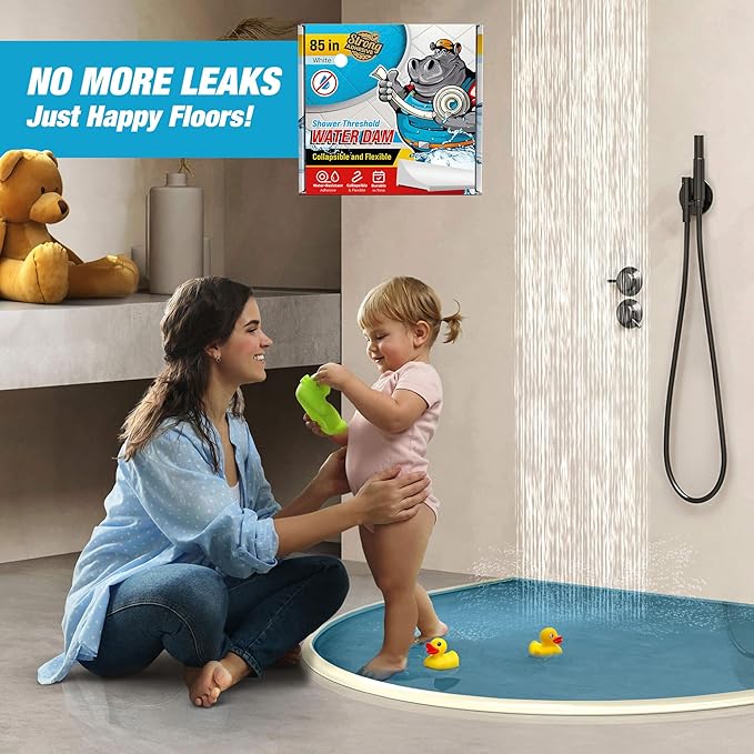 Shower Threshold Water Dam Barrier 85" - White Collapsible Shower Water Blocker - Guard for Walk in Shower - Water Guard Stopper for Floor - Shower Door Water Blocker by Hippo Dam