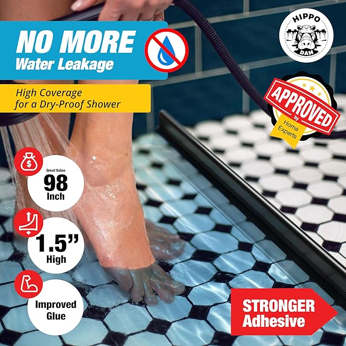 Shower Threshold Water Dam Barrier 98" - Black Collapsible Shower Water Blocker - Shower Guard for Walk in Shower - Water Guard Stopper for Floor - Shower Dam - 1.5" Tall - By Hippo Dam