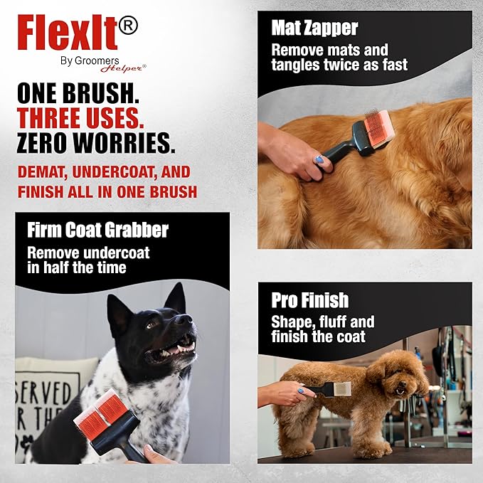 FlexIt Flexible Slicker Brush for Dogs - Professional 3-in-1 System & Video Trainings - Dual-Sided Dematting, Undercoating & Finishing Dog Grooming Brush by Groomers Helper (Single, Firm Flex)
