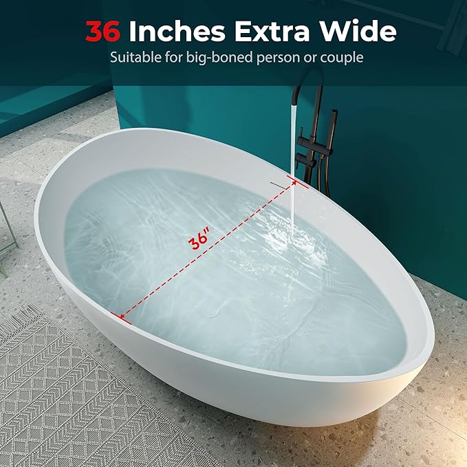 SJ STAR&JANE 63" x 38" Solid Surface Freestanding Bathtub, Oval Soaking Tub with Overflow and Pop-up Drain for Bathroom Matte Black