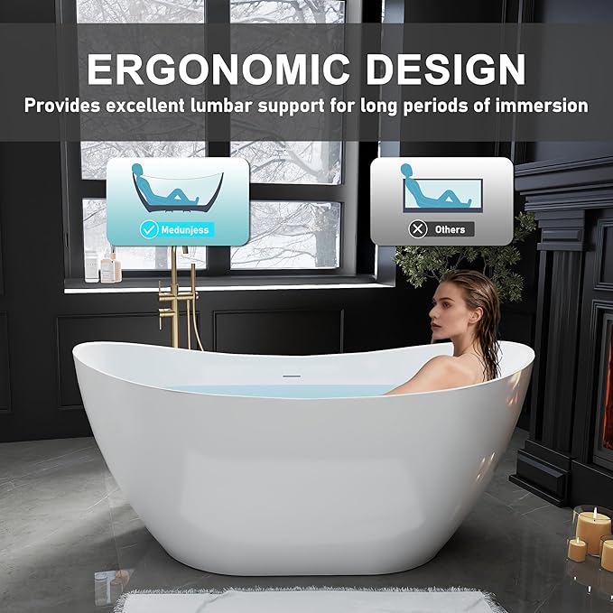60" Acrylic Freestanding Bathtubs, High-back Stand Alone Tub, Soaking Tubs for Bathroom, Integrated Overflow and Drain, cUPC Certified, Gloss White