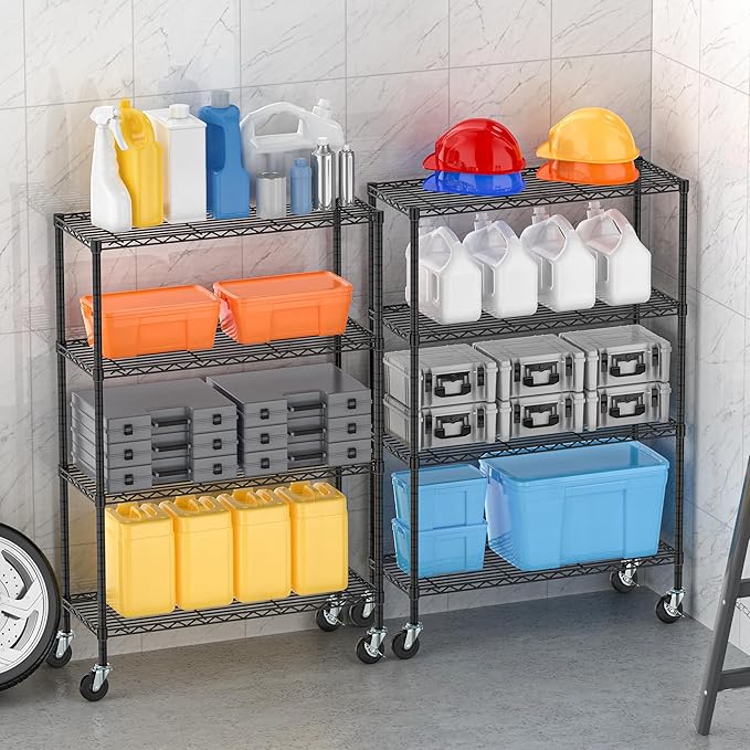 Storage Wire Shelving with Wheels 4-Tier Heavy Duty Garage Shelves Unit Metal Rolling Adjustable Organizer Rack Steel Wire Industrial Shelving for Kitchen Garage Pantry Office Bathroom