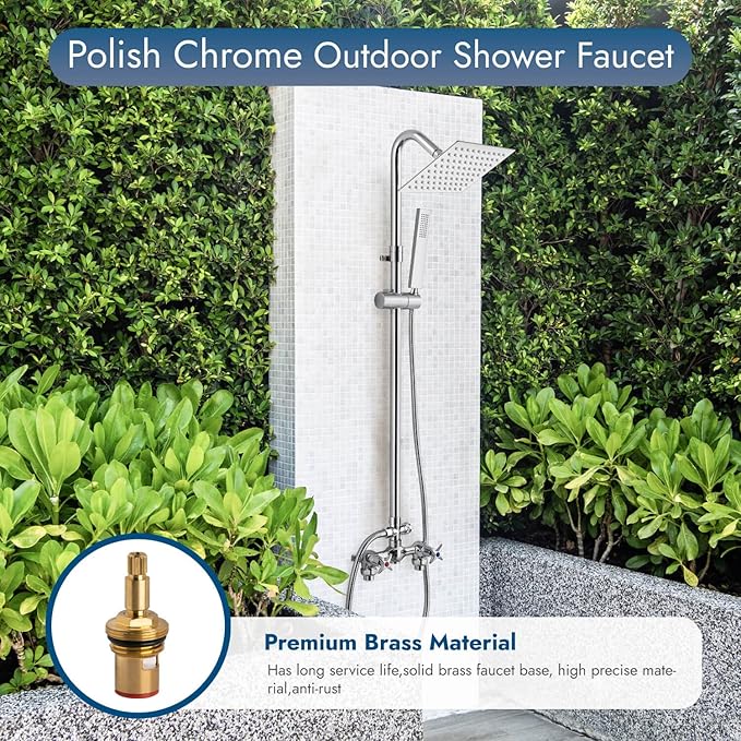 Wall Mount Outdoor Shower Kit Polish Chrome 6" Square Rainfall Shower Head with Hand Held Spray Double Cross Handles with Adjustable Slide Bar Exposed 2 Function Shower Faucet Fixture