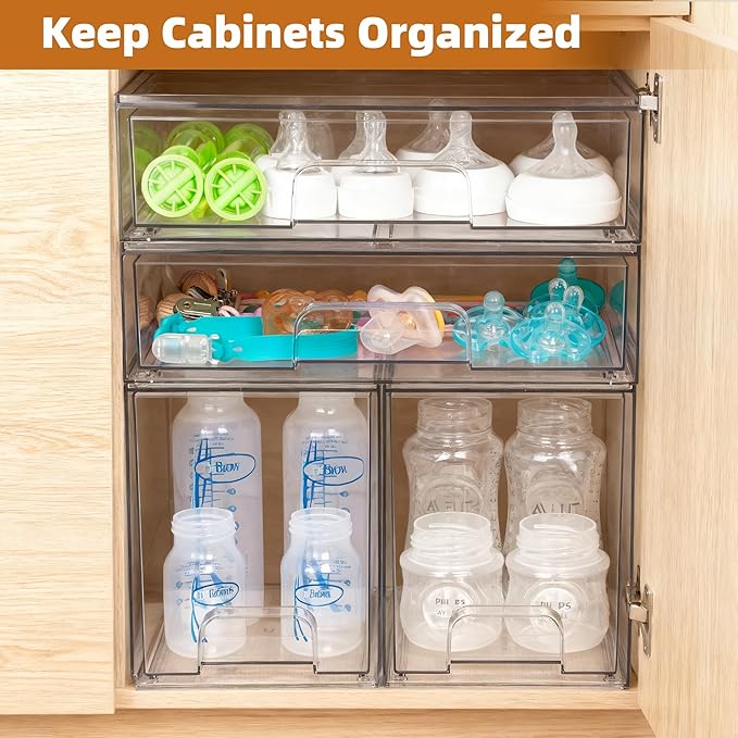 Baby Bottle Organizer, 5 Pack Stackable Storage Drawers with Labels, Clear Station Organizers Container for Pacifiers, Pump Parts, Desk Organizer Bins for Bathroom, Cabinet, Pantry, Vanity, Countertop