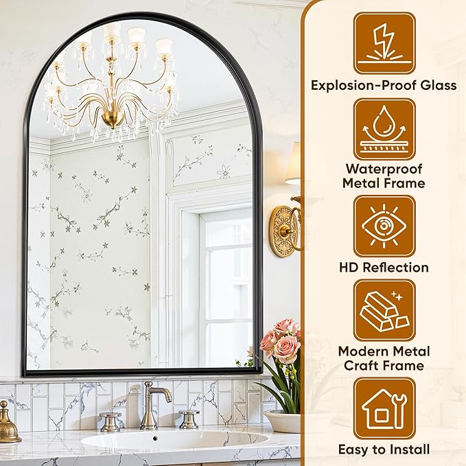 Arched Mirror 24"x36", Bathroom Mirror, Wall Mounted Vanity Mirror with Arch Metal Frame for Bathroom, Over Sink, Bedroom, Living Room, Deep Frame, Black