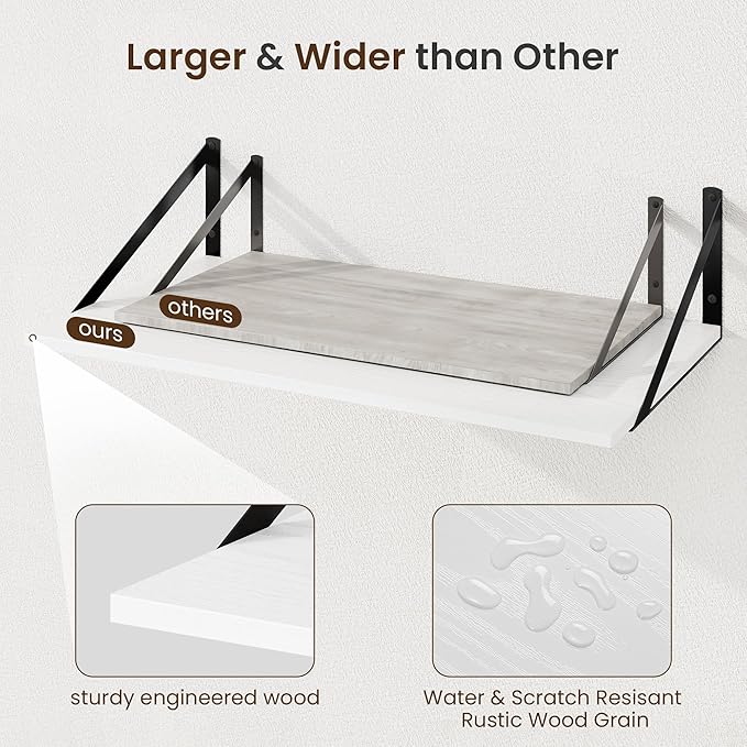 Fun Memories Floating Shelves for Wall, 12 Inch Deep Floating Shelves Set of 2, 24W x 12D Large Wall Shelf with Sturdy Metal Brackets for Living Room, Bathroom, Bedroom and Kitchen, White