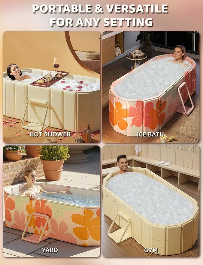 Portable Bathtub Ice Bath Tub - Foldable Collapsible Bathtub for Adult Shower Bathroom Hot SPA Soaking Cold Plunge Tub Freestanding Bathtub 59"Lx22"Wx20"H Pink