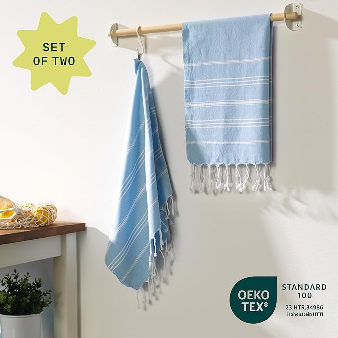 WETCAT Turkish Hand Towels with Hanging Loop, Set of 2 (20" x 30") 100% Turkish Cotton, Pre-Washed, Quick Drying, for Kitchen or Bathroom - Light Blue