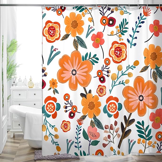 Bohemian Shower Curtain, Boho Floral Print Water Repellent Polyester Fabric for Bathroom Decor, 72×72 Inch Standard Size with 12 Hooks, Also as Room Divider