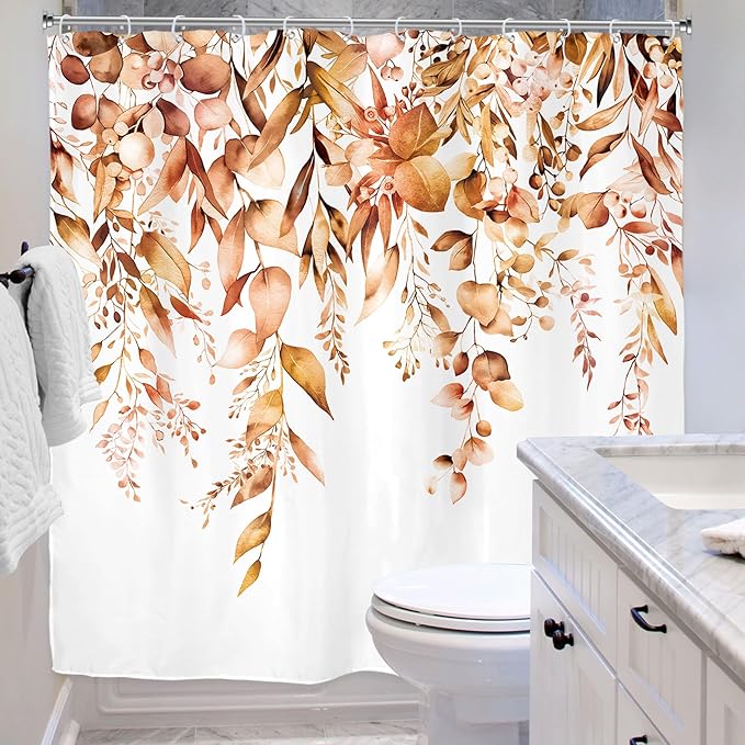 Riyidecor Burnt Orange Fall Autumn Shower Curtain for Bathroom Decor 72Wx72H Eucalyptus Botanical Leaf Plants Watercolor Floral Nature Art Printed Fabric Polyester Waterproof