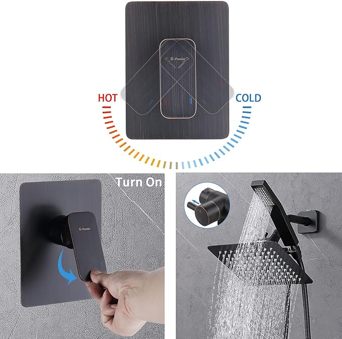 All Metal Shower Faucet Set, Dual Square Shower Head System with Handheld Wand, Diverter, Hose Complete Combo, Pressure Balance Rough-in Valve Included (Oil Rubbed Bronze）