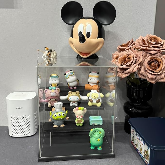 Choowin 4 Tier Small Clear Acrylic Display Case for Collectibles, Mini Figures, Pop Mart, Labubu, Sonny Angel, Smiski - Assemble Dustproof Acrylic Display Box with Door, Stand (Black Base Step)