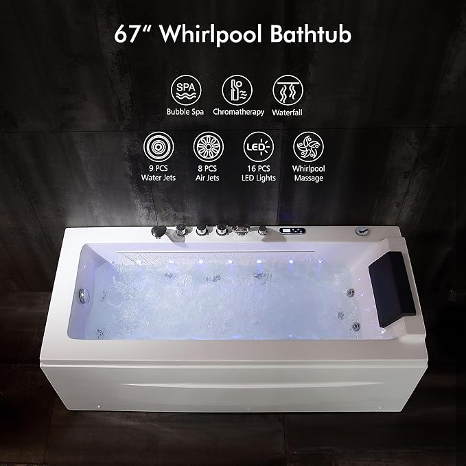 Empava Whirlpool Bathtub, 67-Inch Jetted Bathtub, Hydro Massage with 9 Water Jets & 8 Air Jets with Chromotherapy, Waterfall – LED Control Panel, ETL-Certified