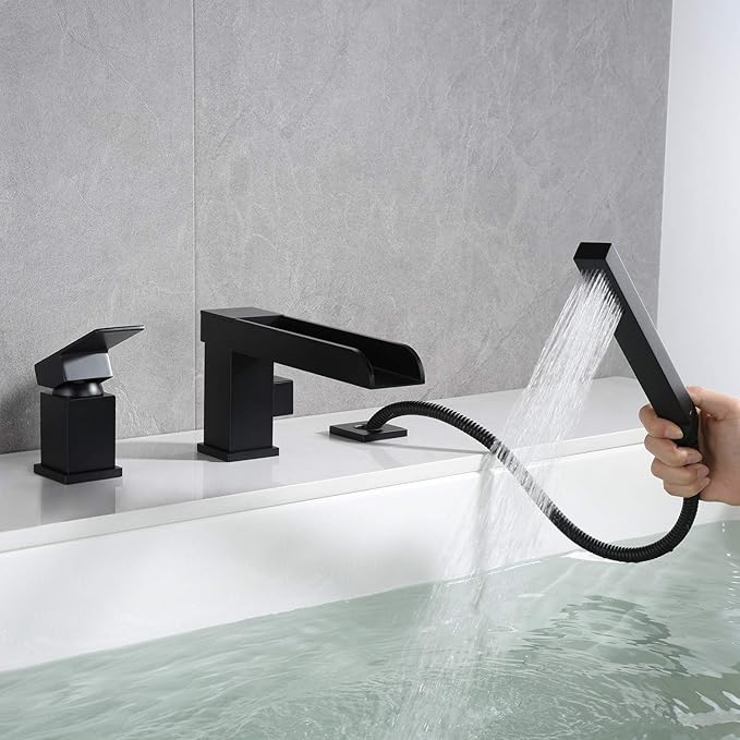 Waterfall Roman Tub Faucets Deck Mount Black Bathtub Faucets Brass Tub Filler Bathroom Faucets with Hand Shower
