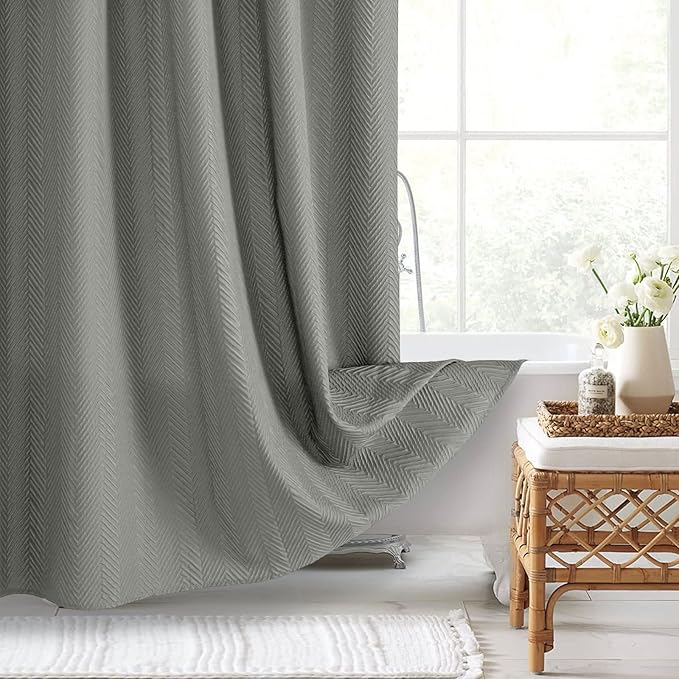 Gibelle Grey Shower Curtain, 3D Embossed Textured Herringbone Fabric Shower Curtain, Modern Farmhouse Bathroom Decor Soft Cloth Shower Curtain Set with Hooks, 72x72