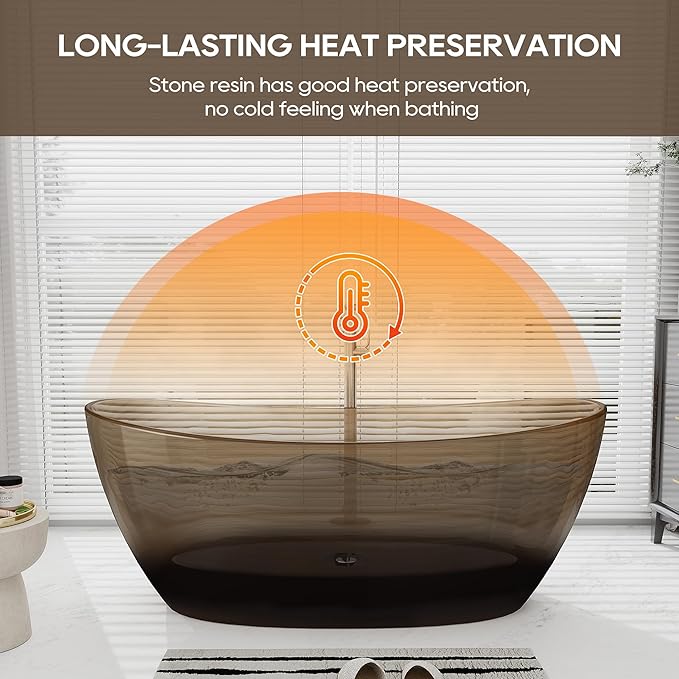 SJ STAR&JANE 65" Solid Surface Freestanding Bathtub Stone Resin Tub Oval Double Slippers Stand Alone Soaking Tub with Pop-up Drain and Overflow,Transparent Sepia