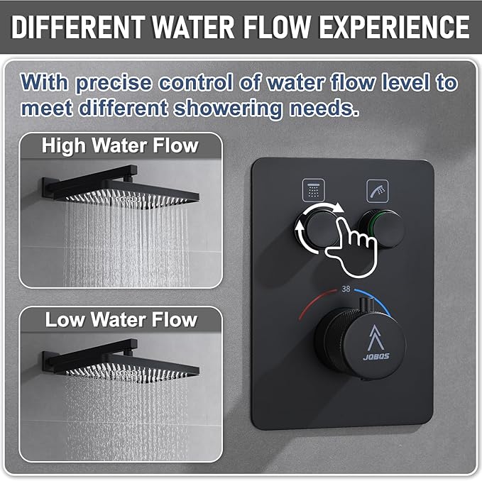 Thermostatic Shower Valve/System 12 inches Black Brass Faucet Set With Diverter/Mixer With Handheld Rain Head High Pressure Modern Rainfall