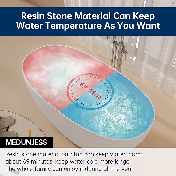 59'' Stone Resin Freestanding Bathtub, Bathroom Solid Surface Tub Bathtubs soaker Tubs Oval Shaped Matte Luxury Modern Soaking Tub with Overflow and Pop-up Drain - White