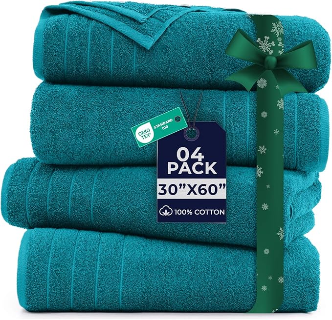 DAN River Extra Large Bath Towels Set of 4, 30 x 60 Inches - 100% Cotton Larger & Lighter Weight Towels for Bathroom - Quicker to Dry, Super Soft & Highly Absorbent Towels for Home, Teal