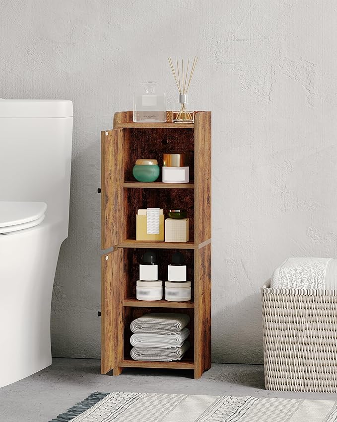 Bathroom Storage Cabinet, Corner Floor Cabinet with 2 Doors and Adjustable Shelf, Narrow Toilet Paper Cabinets, Bathroom Organizer for Small Spaces, 7.9" D x 9.8" W x 29.5" H Rustic Brown