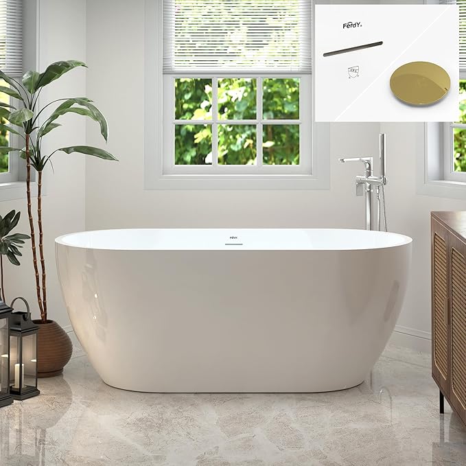 FerdY 59" Bali Acrylic Freestanding Bathtub, Gracefully Shaped Freestanding Soaking Bathtub, cUPC Certified, Toe-Tap Polished Gold Drain and Minimalist Linear Design Overflow Included