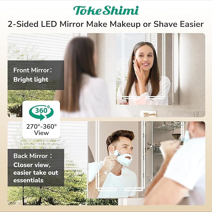 TokeShimi 24 x 32 Bathroom Mirror Medicine Cabinet with Light 3 Colors, Anti-Fog Tempered LED Mirror with Storage, Stepless Dimming CRI 80+, Memory Funtion, Wall Mirrored Cabinet for Bathroom Décor