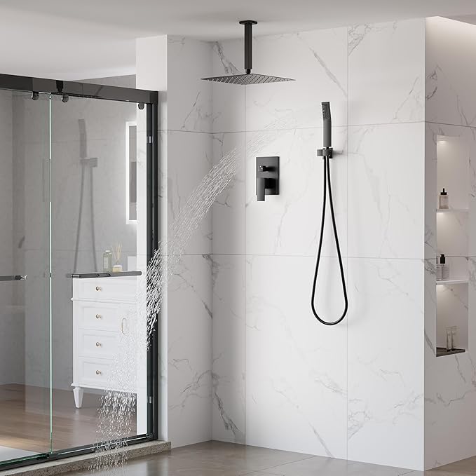 WELLFOR 12-In Ceiling Mount Shower System with Single Handle, Pressure-balanced Valve Included, Waterfall Dual Head Shower Head System, Rain Shower System, Shower Faucet Trim Kits, Matte Black