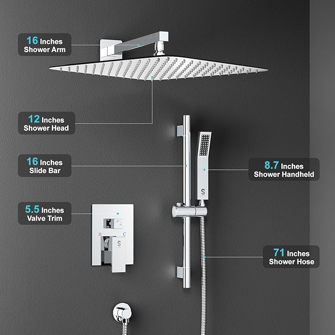 SR SUN RISE 12 Inch Slide Bar Shower System, Square Rain Shower Head and Handheld Spray, Wall Mounted Shower Faucets Sets Complete Included Valve and Shower Trim Kit, Polished Chrome