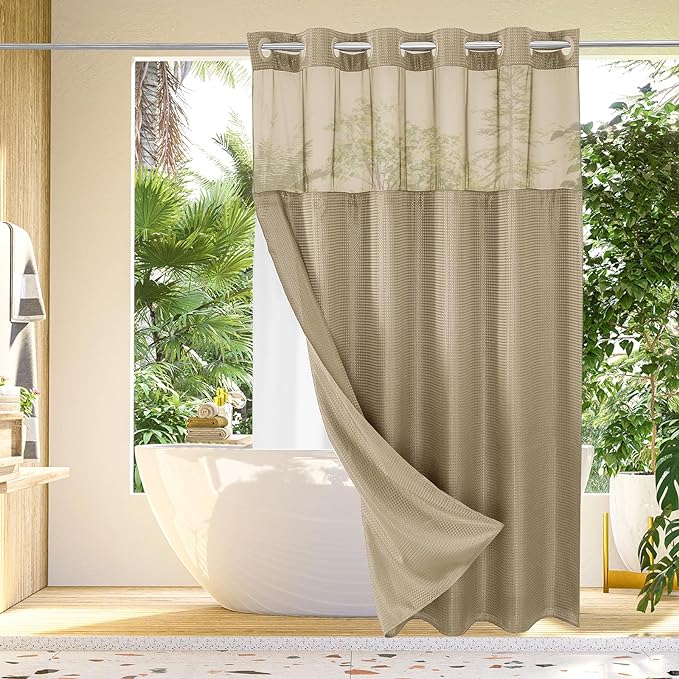 Gibelle No Hook Waffle Weave Shower Curtain with Snap-in Fabric Liner Set for Bathroom, Hotel Style with Mesh Top Window, Waterproof & Washable, Beige, 72x74
