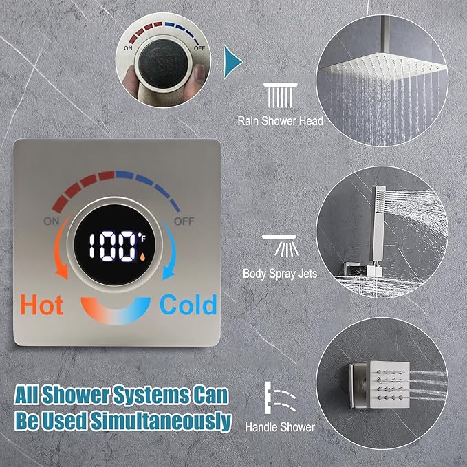 Digital Display Shower Valve Shower Valve Single Way Shower Diverter Valve Shower Mixing Valve Can Use All the Time Brushed Nickel