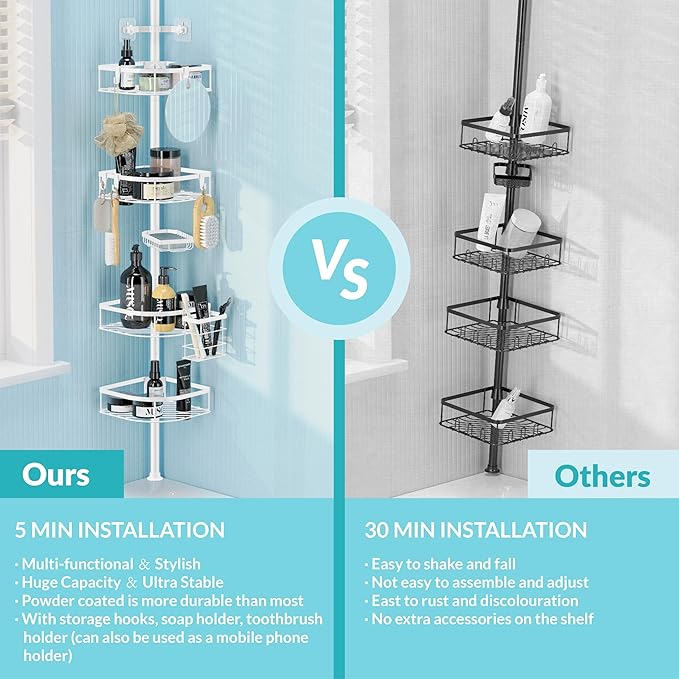 Shower Caddy Tension Pole, 4-Tier Adjustable Corner Shower Standing Caddy, Rustproof Shower Rack for Bathroom Bathtub, with 4 Shelves, No Drilling Shower Shelf for Inside Shower (White)