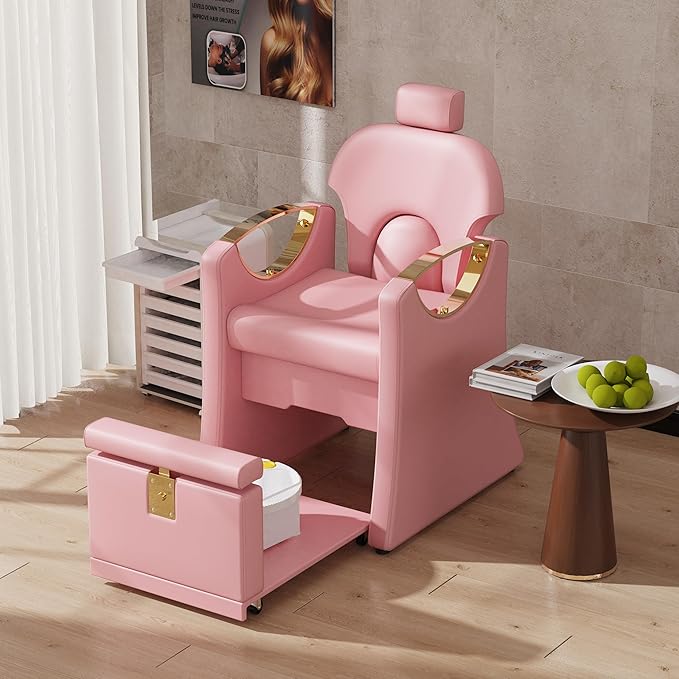 Pedicure Station for Nail Tech, Reclining Pedicure Chair with Massage Foot Bath, No Plumbing Pedicure Station Unit (Pink)