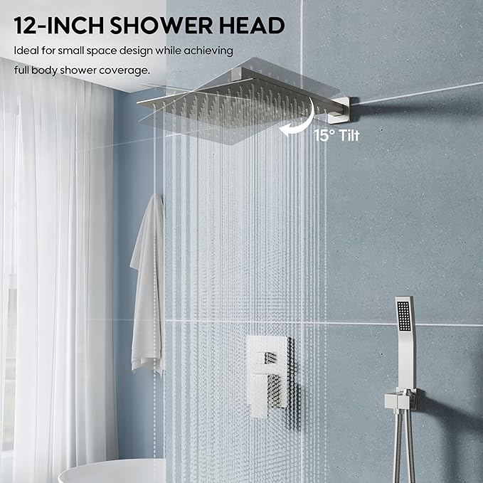 WELLFOR 12-In Wall Mounted Rain Shower Faucet with Single Handle and Handheld Spray, Waterfall Dual Head Shower Head System with 2-way Diverter, Pressure-balanced Valve Included, Brushed Nickel