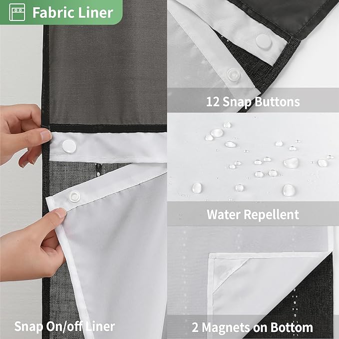 No Hook Extra Long Shower Curtain Set with Snap-in Liner,Linen Textured Thick Striped Fabric with Tassels,Boho Chic Modern Farmhouse Bathroom Curtain,Water-Repellent,Black,71x86