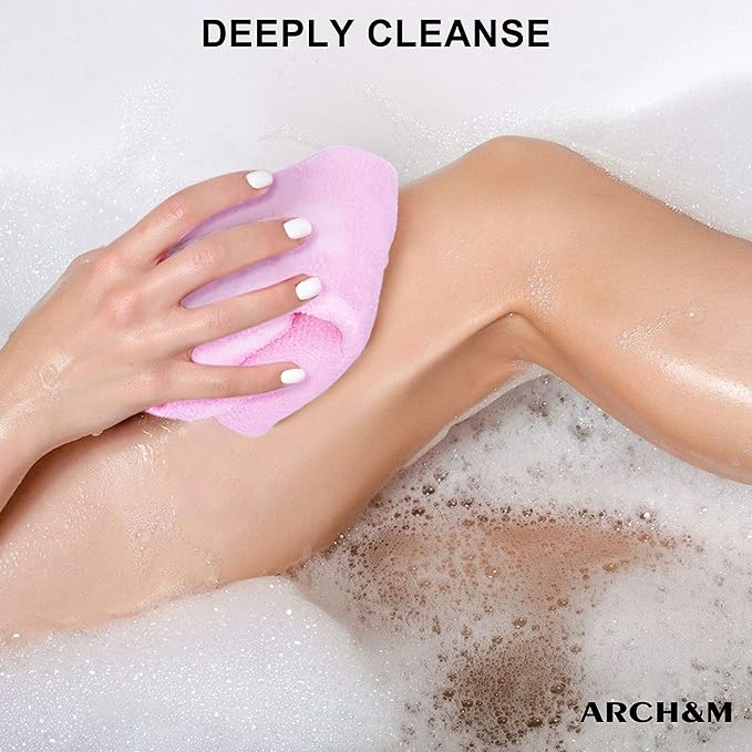 ARCH&M Exfoliating Washcloth Body Scrubber Back Scrubber for Shower Japanese Beauty Washcloth Bath Wash Cloth Korean Exfoliation Luffah Towel Net Sponge Loofah Body Scrub 3 Pack (Peach x 3)