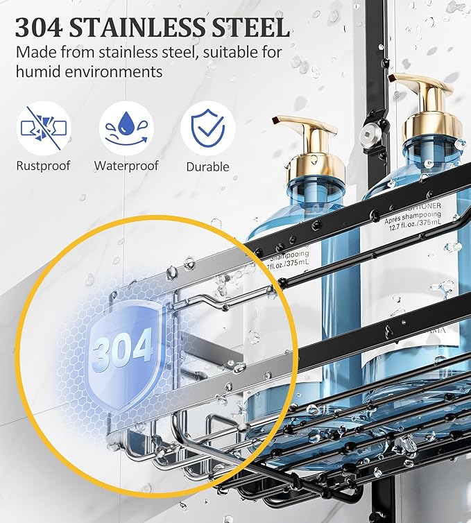 OMAIRA Shower Caddy Hanging with Soap Scrub Holder, Stainless Steel Adjustable No Drilling Non-Slip Large Capacity Sturdy Over Shower Head Shower Organizer Inside Shelves Bathroom Storage Rack, Black