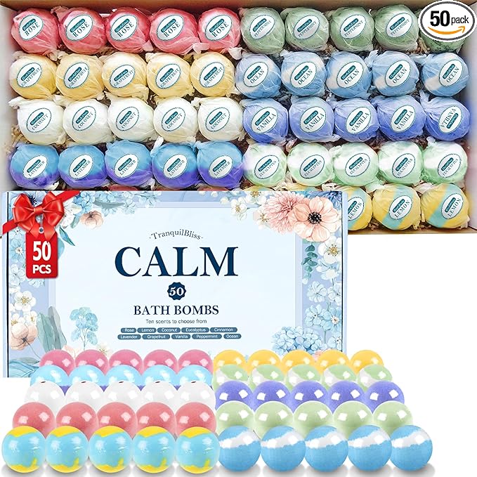 TranquilBliss Bath Bombs Set 50 PCS with 10 Rich Scents, Bath Bombs for Women, Natural Bubble Bombs with Shea Butter & Safe Oil, Ideal for Christmas, Birthday, Valentine's Day Mother's Day Present