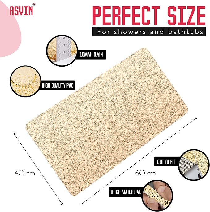 Asvin Soft Textured Bath, Shower, Tub Mat, 24x16 Inch, Phthalate Free, Non Slip Comfort Bathtub Mats with Drain, PVC Loofah Bathroom Mats for Wet Areas, Quick Drying