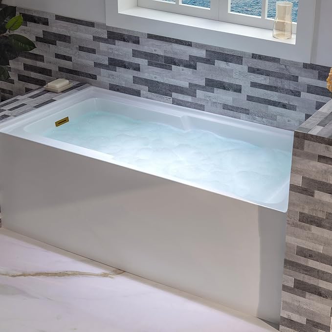 WOODBRIDGE 60" Acrylic Rectangular Alcove Soaking Bathtub in White with Left Drain, Brushed Gold pop-UP Drain Included BA6030L