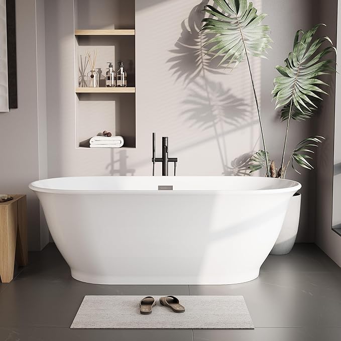 Freestanding Bathtub 67 Inch Oval Acrylic Soaker Tub – Glossy White Flared-Edge Free Standing Bathtub with Chrome Drain & Overflow