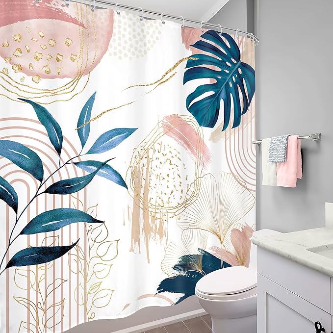 Pink Blue Boho Shower Curtain Modern Abstract Tropical Palm Leaves Bohemian Minimalist Gold Leaf Mid Century Plant Botanical Bathroom Decor 72Wx72H Bath Curtain Fabric Polyester 12 Pack Hooks