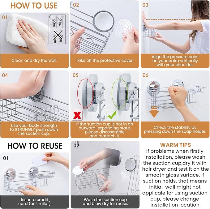 LEVERLOC Shower Caddy Suction Cup, Shower Organizer Removable Bathroom Shelf, Storage Suction Powerful Max Hold 22lbs Bathroom Caddy Waterproof Holder, Silver