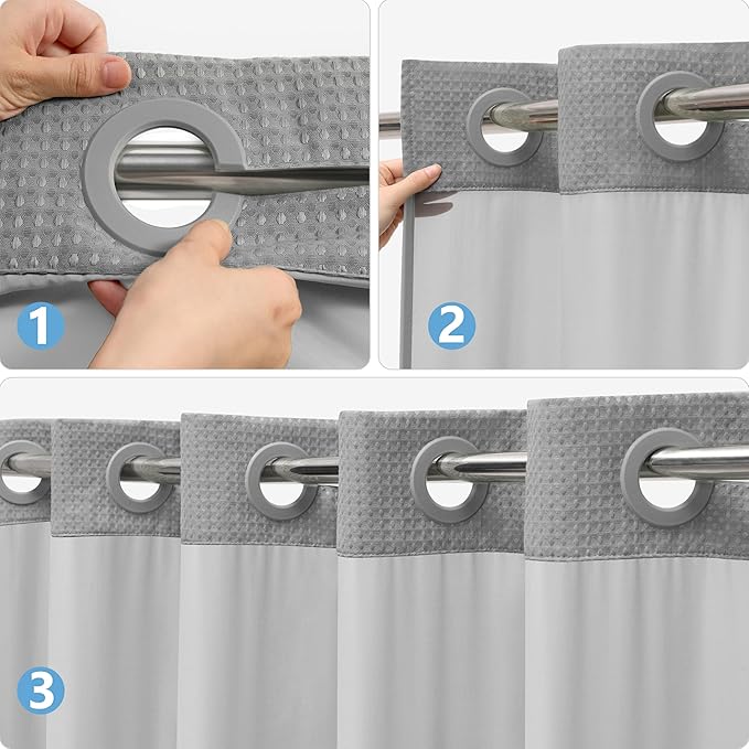 No Hook Waffle Weave Shower Curtain Set with Snap-in Fabric Liner and Mesh Top Window,256GSM Heavy Duty Fabric,Dark Grey Washable Luxury Shower Curtain for Bathroom Stalls (72x75 Inch)